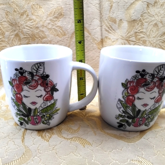 2~Ceramic Coffee Tea Mug Red Headed Lady W/Crazy Plant Lady Leaves Design - Picture 6 of 7